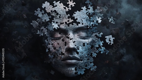 A serene face dissolves into scattered puzzle pieces, symbolizing the theme of disillusion and decay.