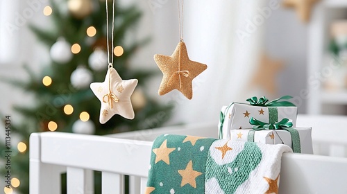 Christmas nursery decor concept. Cozy holiday decor featuring stars, gifts, and a Christmas tree in a bright nursery setting.