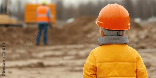 Child observing construction site, wearing safety gear and bright clothing. photo