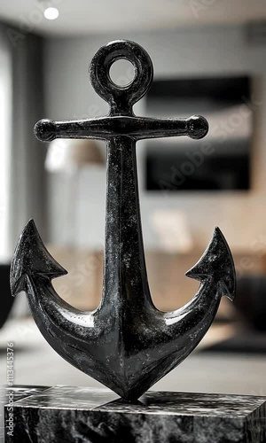 A decorative black anchor sculpture, symbolizing maritime themes and adding elegance to interior decor. photo