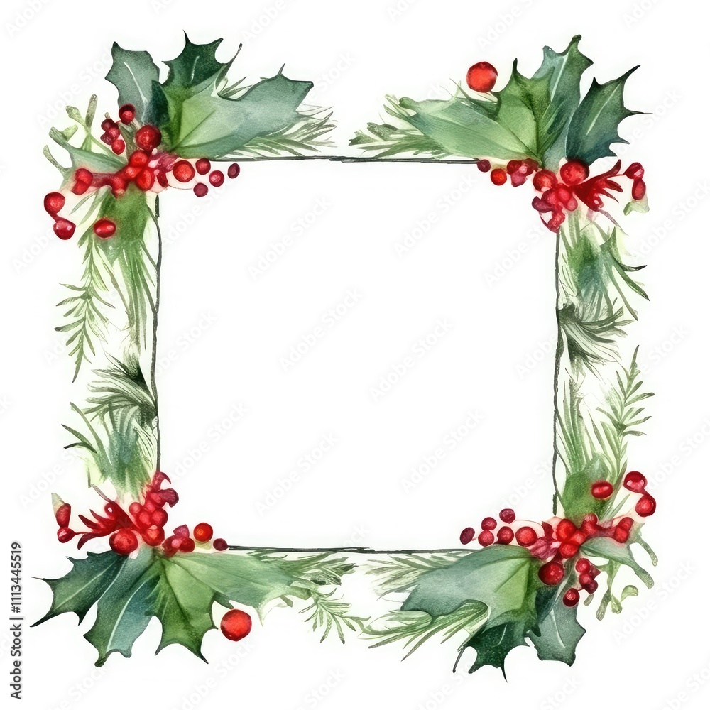 Watercolor Holly Frame with Red Berries Watercolor Holly Frame with Red Berries