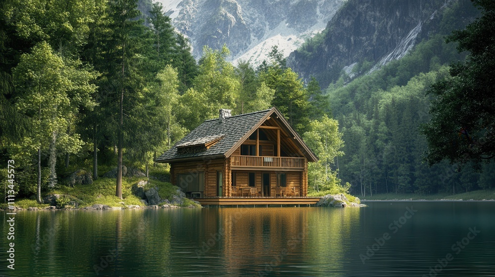 Fototapeta premium Wooden cabin on a serene lake, nestled amongst lush green trees and majestic mountains. Perfect for travel, nature, and real estate websites needing idyllic imagery.