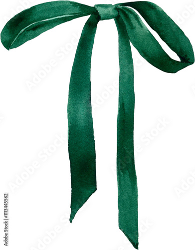 Watercolor illustration of green velvet bow isolated on transparent background