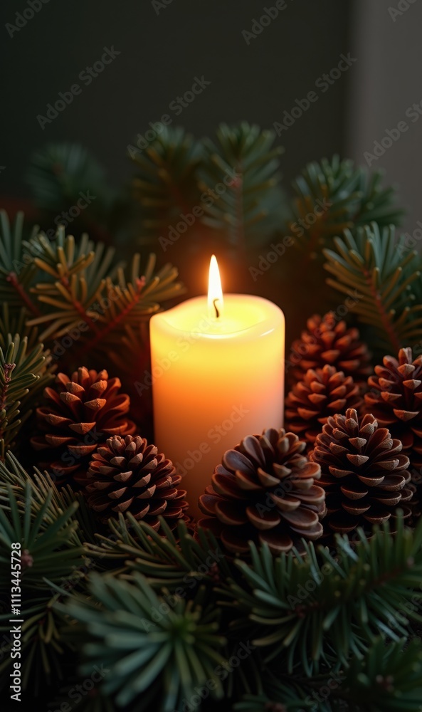 A serene candle nestled in pinecones, evoking a cozy, festive atmosphere perfect for holiday decor and seasonal celebrations. A serene candle nestled in pinecones, evoking a cozy, festive atmosphere perfect for holiday decor and seasonal celebrations.