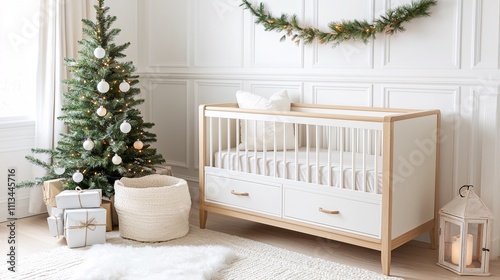 Christmas nursery decor concept. Modern nursery with a crib, decorated tree, and festive accents for a cozy aesthetic.