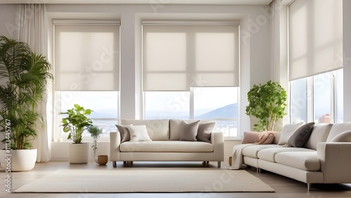The living room has interior roller blinds installed, with white roller shades on the windows. Additionally, there is a sofa and a houseplant in the same room.