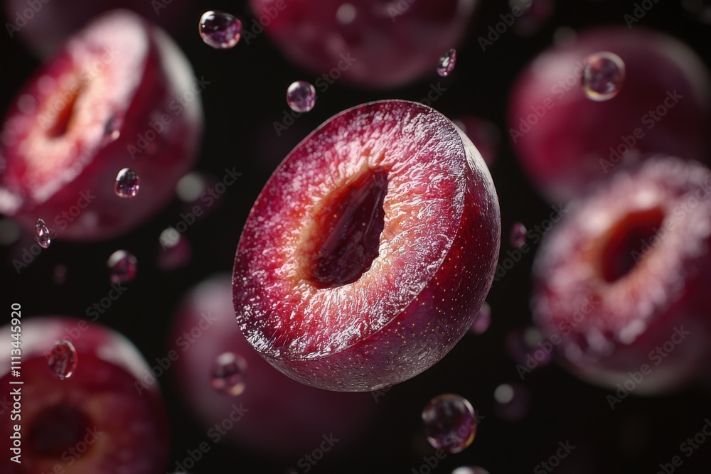 Floating Plum Halves – Juicy Purple Fruit with Vibrant Details, Perfect for Healthy Snacking, Summer Inspiration, and Artistic Food Photography Floating Plum Halves – Juicy Purple Fruit with Vibrant Details, Perfect for Healthy Snacking, Summer Inspiration, and Artistic Food Photography