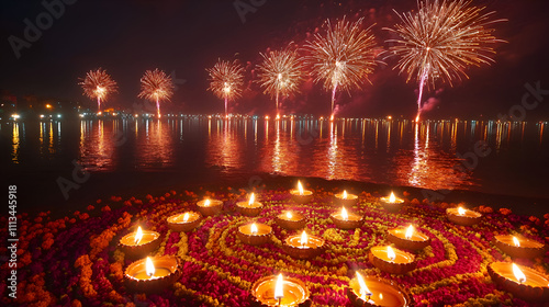 Vibrant Diwali Night Celebration with Colorful Lights and Fireworks Over Water photo