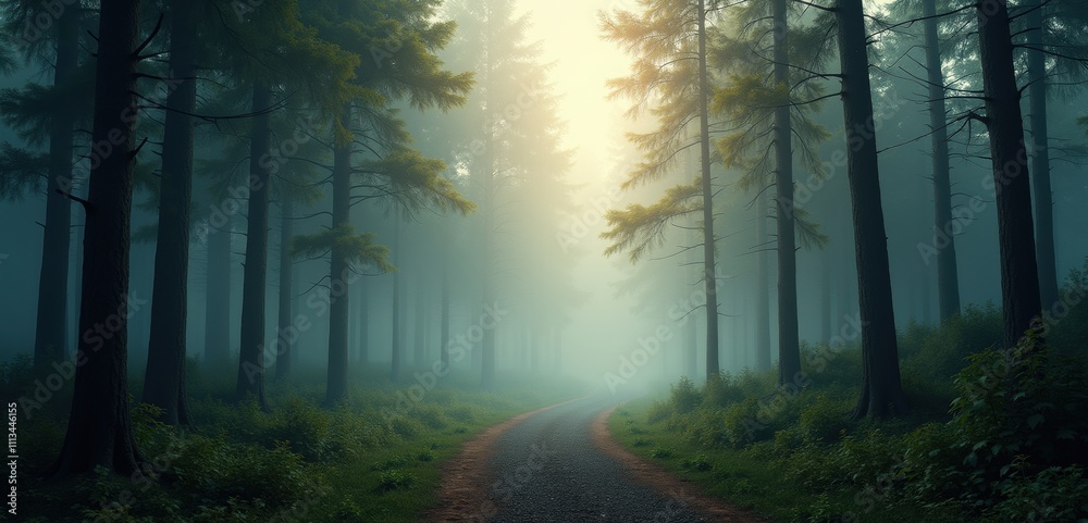 Obraz premium A serene forest path shrouded in mist, evoking a sense of tranquility and adventure. Perfect for nature, wellness, travel, and outdoor projects.