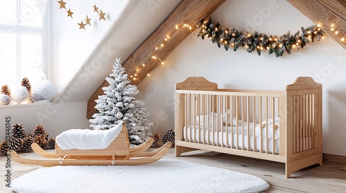 Christmas nursery decor concept. Cozy nursery with a crib, sled, Christmas tree, and festive decorations in a bright, inviting space.