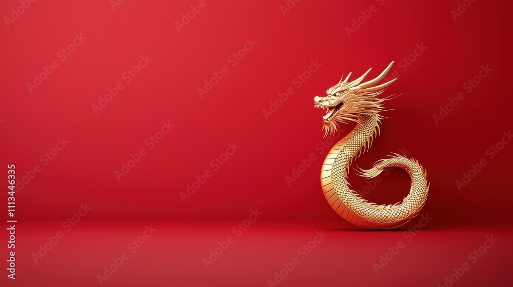 A gold dragon is standing on a red background A gold dragon is standing on a red background