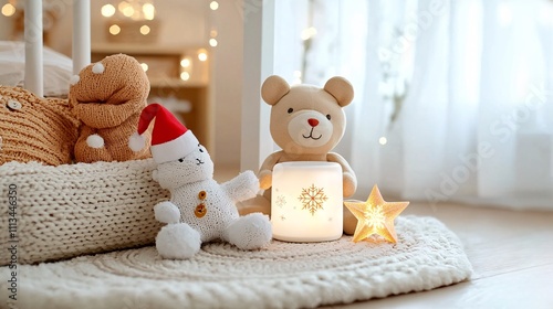Christmas nursery decor concept. Cozy scene with plush toys and a glowing lantern, creating a warm atmosphere.