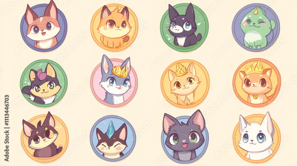 Round animal character game avatars design. Set of cute borders with fantasy cat tail, fox ears, frog eyes, magic pony crown, angel wings, witch hat and broomstick decor. Cartoon vector illustration Round animal character game avatars design. Set of cute borders with fantasy cat tail, fox ears, frog eyes, magic pony crown, angel wings, witch hat and broomstick decor. Cartoon vector illustration
