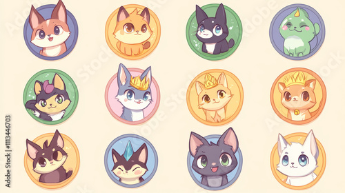 Round animal character game avatars design. Set of cute borders with fantasy cat tail, fox ears, frog eyes, magic pony crown, angel wings, witch hat and broomstick decor. Cartoon vector illustration