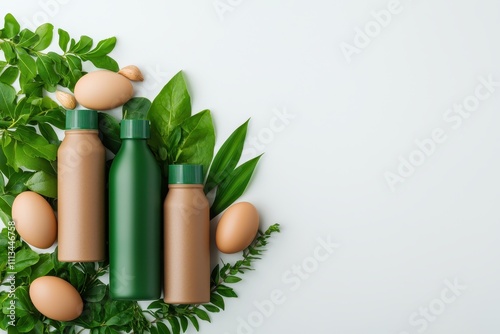 Natural Cosmetic Packaging Mockup with Eggs and Green Leaves photo