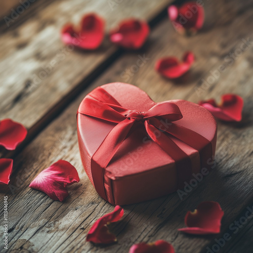 Romantic red heart-shaped gift box surrounded by scattered rose petals on a rustic wooden surface. Perfect for Valentine’s Day and love-themed designs.