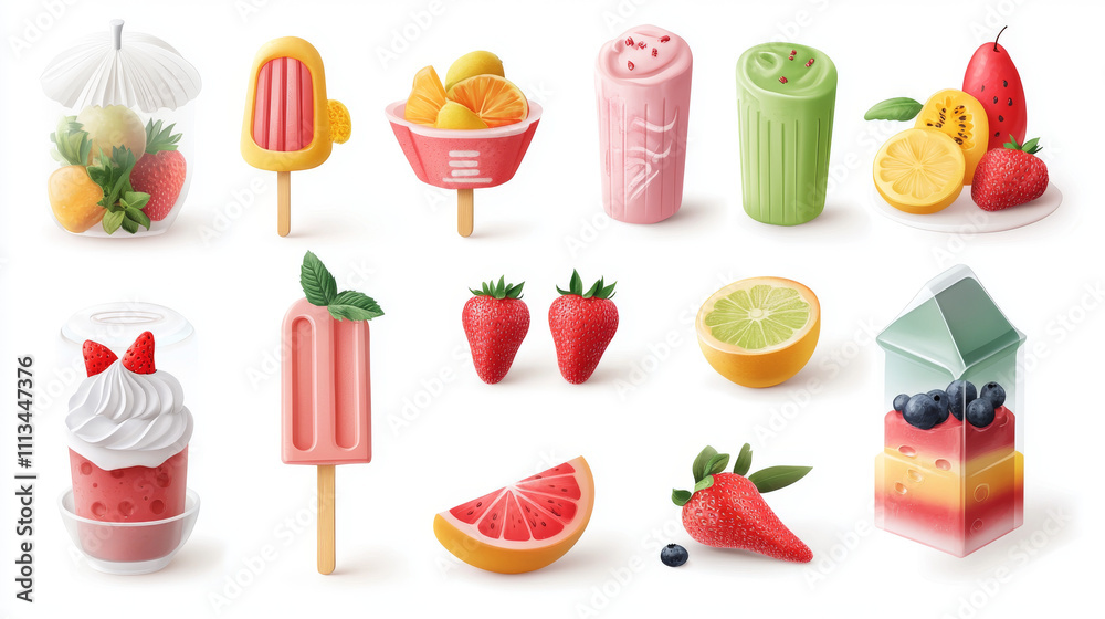 Fruit ice cream in package, lolly on stick, frozen fruity popsicle. Packed colorful green, yellow and red summer dessert made of fresh juice isolated on white background. Realistic 3d vector icons set Fruit ice cream in package, lolly on stick, frozen fruity popsicle. Packed colorful green, yellow and red summer dessert made of fresh juice isolated on white background. Realistic 3d vector icons set
