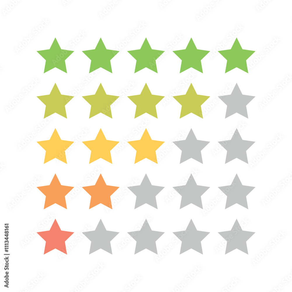 Colored stars rating scale flat icons feedback and reviews hand drawn vector signs in range of colors to signify different levels Colored stars rating scale flat icons feedback and reviews hand drawn vector signs in range of colors to signify different levels