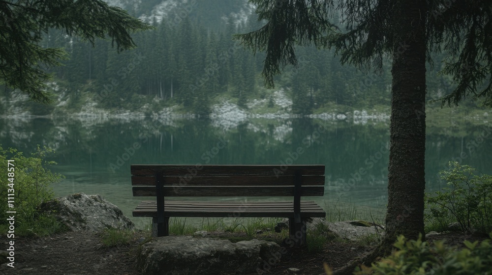 Wooden bench by serene lake, nestled in a misty forest. Perfect for themes of peace, solitude, and nature reflection. Wooden bench by serene lake, nestled in a misty forest. Perfect for themes of peace, solitude, and nature reflection.