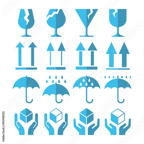 Packaging symbols icon set fragile handle with care keep dry this side up use for handling instructions and safe transport of goods labels boxes and packaging design