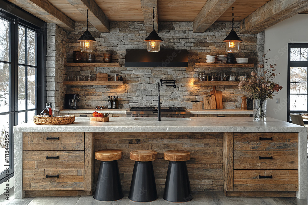 Rustic Farmhouse Kitchen Island with Stone Backsplash Rustic Farmhouse Kitchen Island with Stone Backsplash