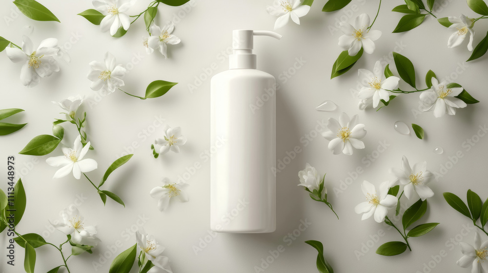 Cosmetic realistic white vector illustration with liquid soap packaging and falling jasmine flowers. Skin care cosmetics body lotion, washing gel or cleancer in white blank bottle with pump Cosmetic realistic white vector illustration with liquid soap packaging and falling jasmine flowers. Skin care cosmetics body lotion, washing gel or cleancer in white blank bottle with pump