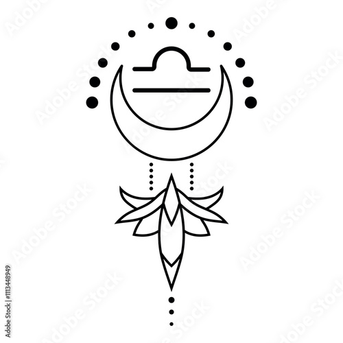 Libra zodiac sign moon amd lotus line clipart boho style hand drawn vector illustration astrological design