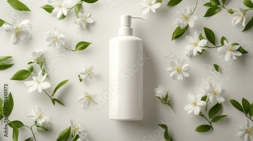 Cosmetic realistic white vector illustration with liquid soap packaging and falling jasmine flowers. Skin care cosmetics body lotion, washing gel or cleancer in white blank bottle with pump photo