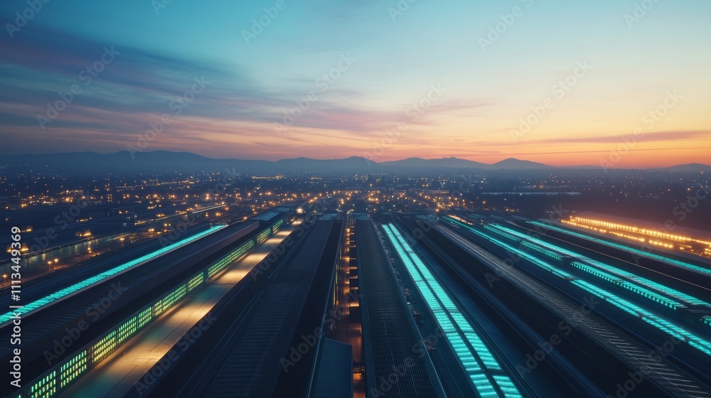 Fototapeta premium Aerial view of a modern train station at dawn, city lights, and distant mountains.