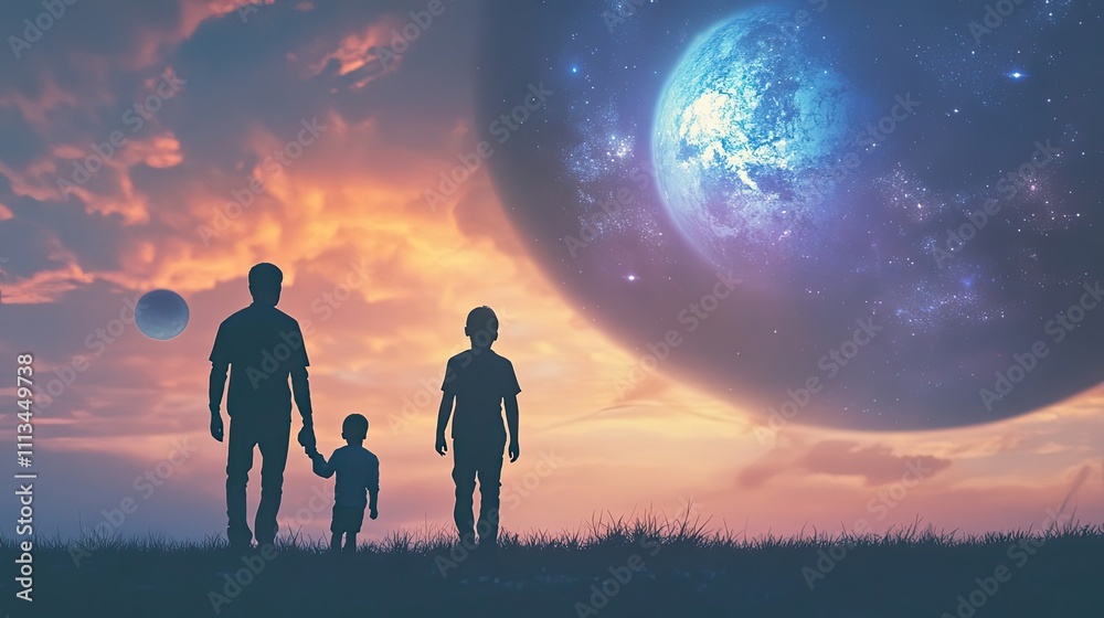 Fototapeta premium Family Silhouettes Watching Celestial Bodies at Sunset