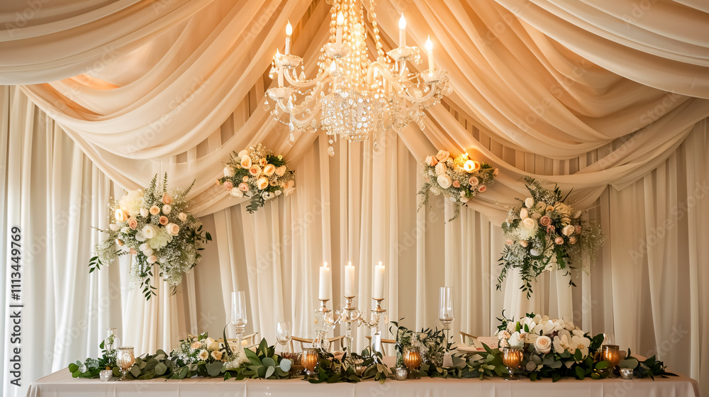An elegant wedding table set inside a beige fabric tent with a chandelier, flowers, and candles, representing a romantic and luxurious celebration. An elegant wedding table set inside a beige fabric tent with a chandelier, flowers, and candles, representing a romantic and luxurious celebration.