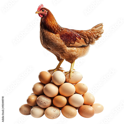 Brown hen standing on a heap of fresh eggs, isolated on transparent cutout background