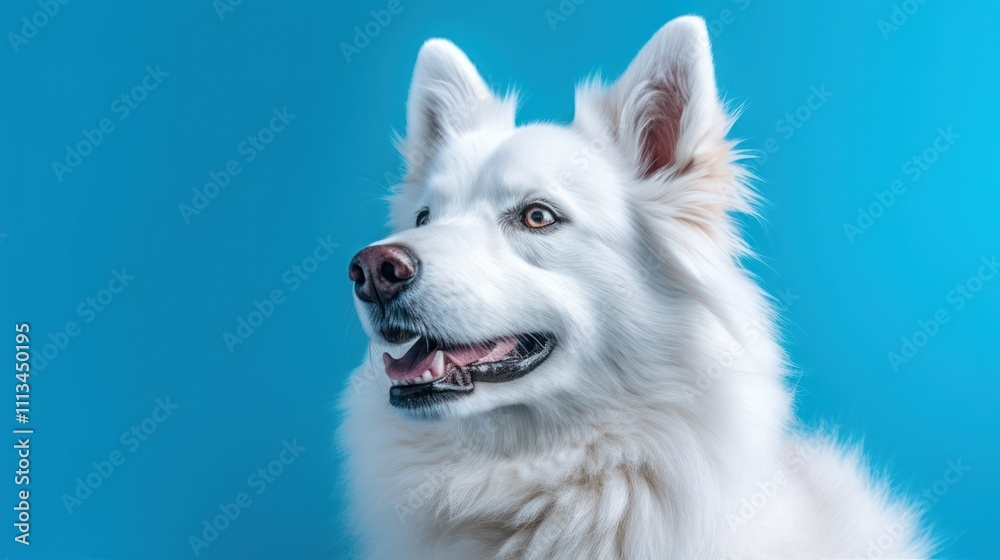 White Dog Portrait Against Blue Background White Dog Portrait Against Blue Background