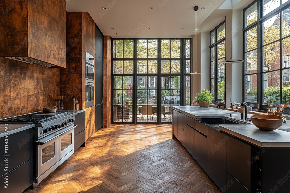 Modern Kitchen Design With Rustic Backsplash And Large Windows Modern Kitchen Design With Rustic Backsplash And Large Windows