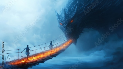 A dramatic scene featuring a massive dragon breathing fire onto a narrow bridge, with two figures cautiously crossing amidst a mystical, foggy landscape. photo