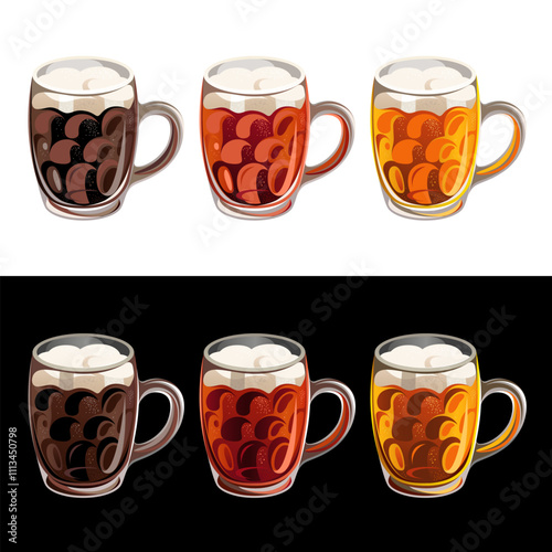 Illustration of beer glasses. Mugs and glasses for toast with light, dark and red beer on a white and a black background. 
