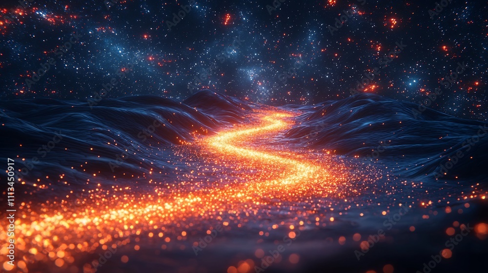 Obraz premium Surreal Digital Landscape of Flowing Quantum Particles Unleashing Endless Possibilities