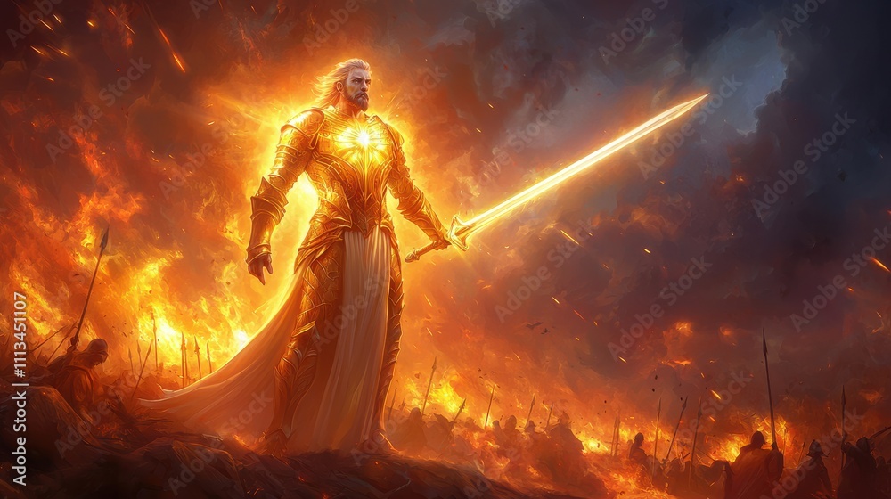 A radiant warrior stands amidst flames, wielding a glowing sword, symbolizing power and triumph against darkness. A radiant warrior stands amidst flames, wielding a glowing sword, symbolizing power and triumph against darkness.
