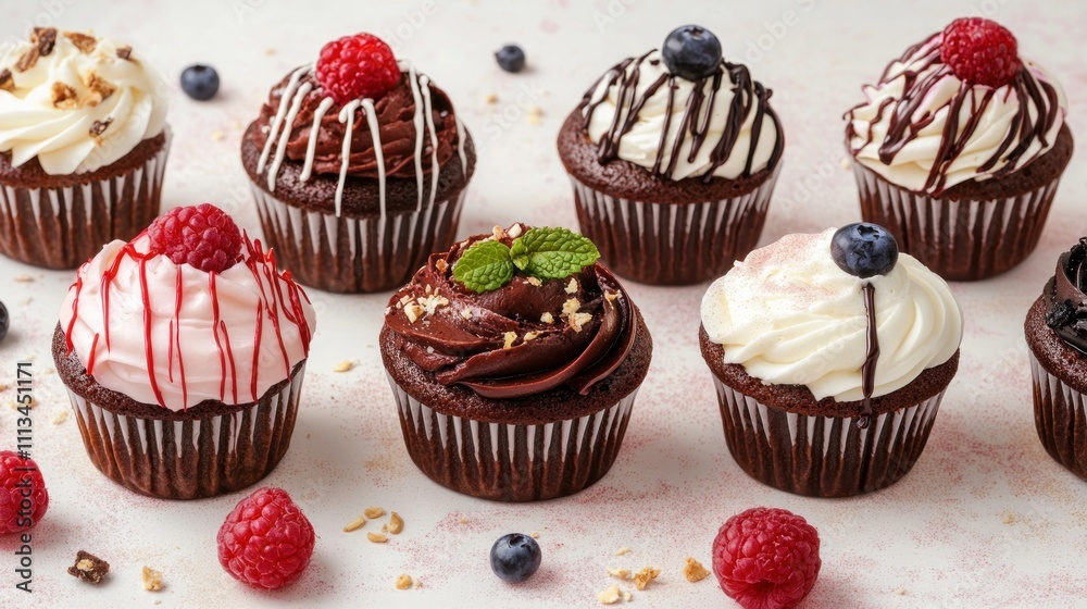 Assorted chocolate cupcakes with various toppings like raspberry, blueberry, nuts, and chocolate drizzle. Assorted chocolate cupcakes with various toppings like raspberry, blueberry, nuts, and chocolate drizzle.