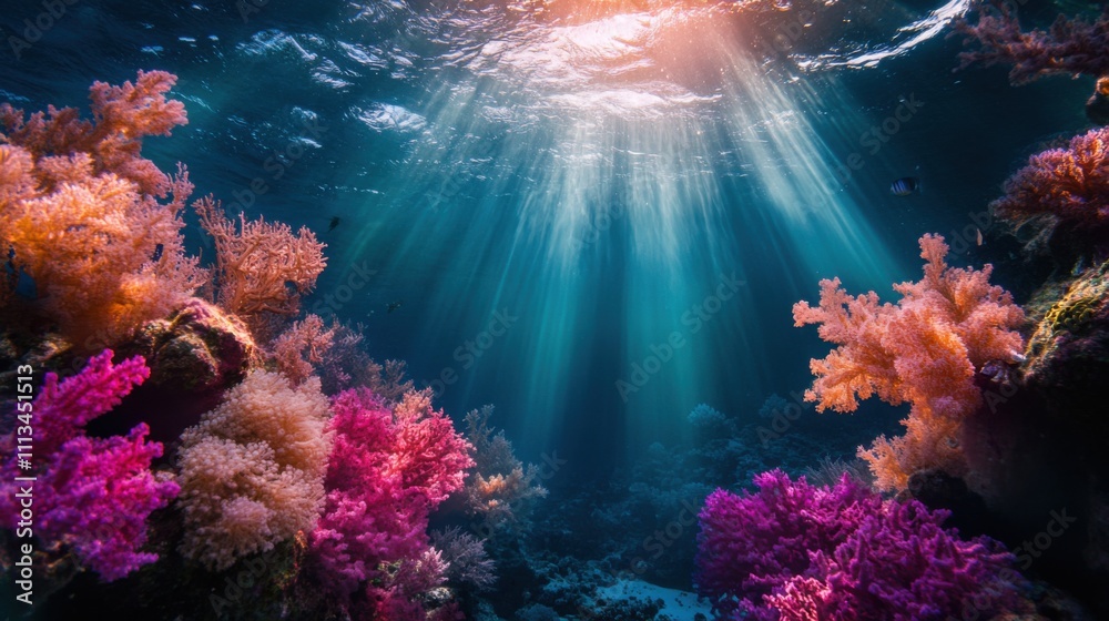 Fototapeta premium Vibrant Underwater Coral Reef Scene Sunbeams, Ocean, Fish, Colors