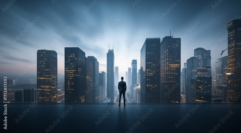 © Volodymyr - Business man standing near cityscape. The concept of business, city life and future. Business technology panorama. Businessman on future city background and futuristic skyscrapers. © Volodymyr - Business man standing near cityscape. The concept of business, city life and future. Business technology panorama. Businessman on future city background and futuristic skyscrapers.
