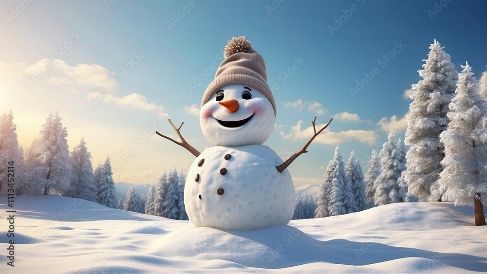 Obraz premium Happy Snowman in Winter Forest