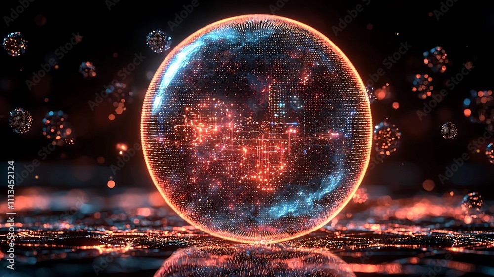 Fototapeta premium Quantum Computing Sphere with Flashing Particles Representing Powerful Nature of Quantum Systems