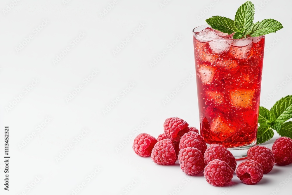 Refreshing Raspberry Soda in Glass with Ice and Mint Garnish Refreshing Raspberry Soda in Glass with Ice and Mint Garnish
