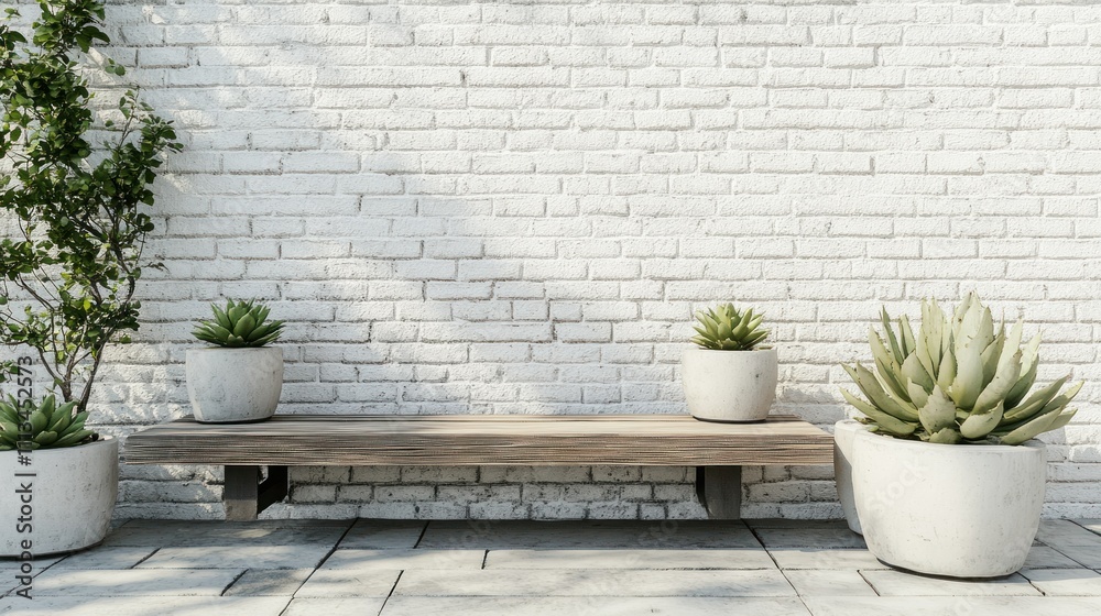 Chic patio space with a floating wooden bench in light ash tones, minimalist concrete pots with succulents, and a painted white brick wall, industrial vibes