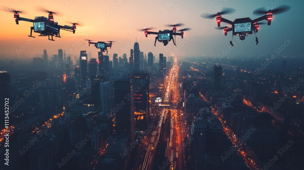 Aerial view of multiple drones flying over a city skyline at dawn. Aerial view of multiple drones flying over a city skyline at dawn.