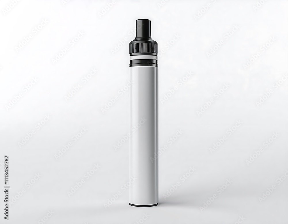 A white bottle with a black cap, electronic cigarette mockup, cut out A white bottle with a black cap, electronic cigarette mockup, cut out