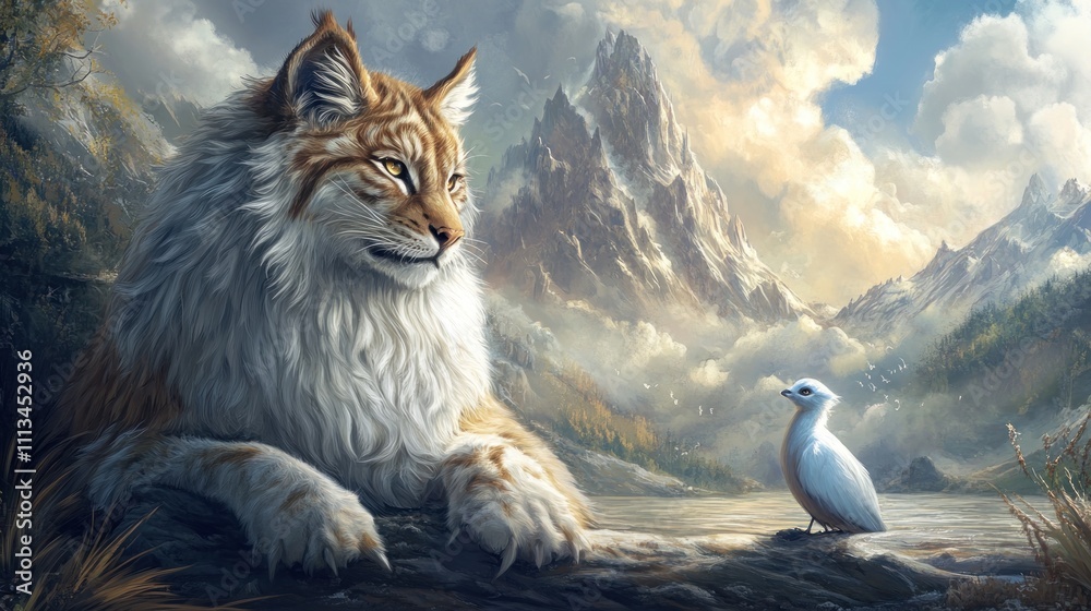 Obraz premium Majestic Lynx and Serene Bird in a Mountain Lake Landscape