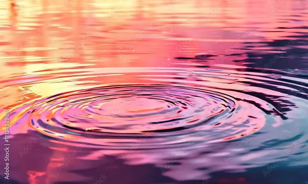 Vibrant Sunset Reflections on Water Surface: Serene Ripples and Colorful Hues at Dawn