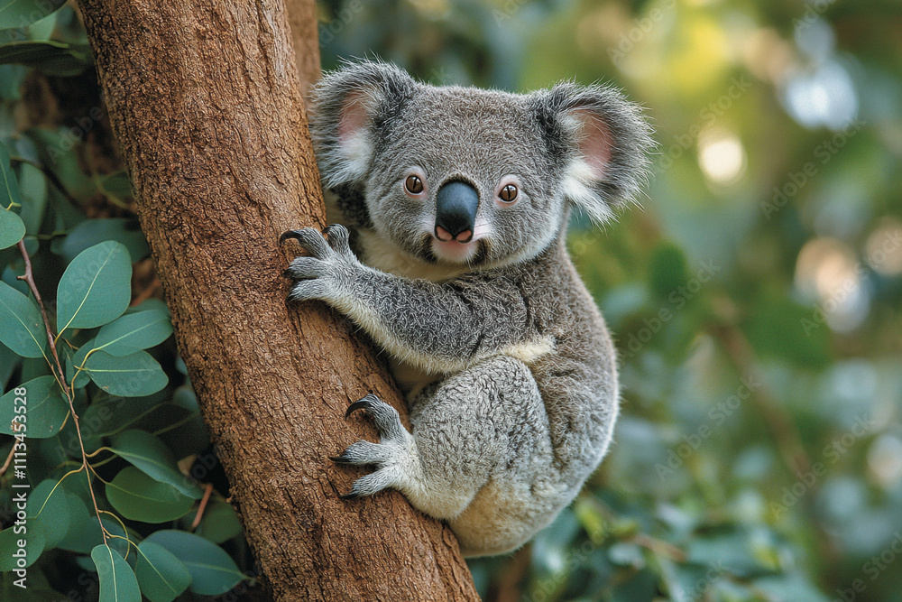Obraz premium Adorable Koala Bear Clinging to a Tree Trunk